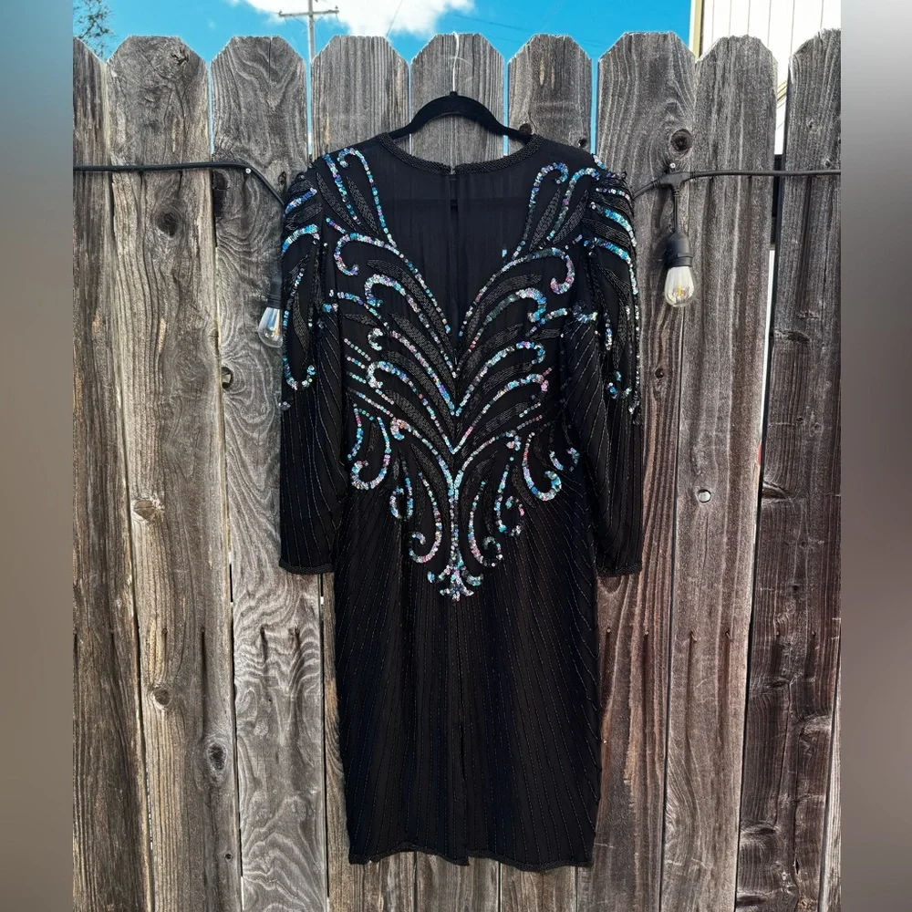 AJ Bari Beaded Silk Formal Dress With Illusion Neck and Long Sleeves Midi Length